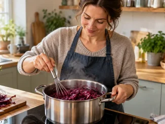 Essen: Frau rührt dampfenden Rotkohl
