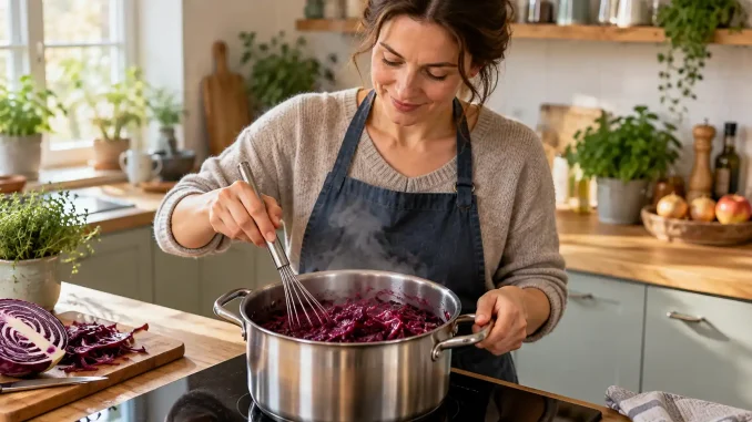 Essen: Frau rührt dampfenden Rotkohl